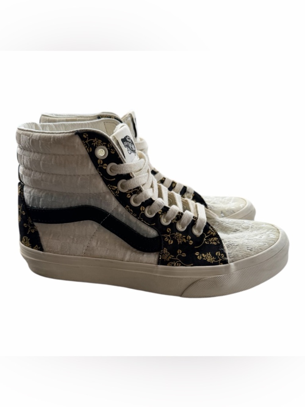 VANS Sk8-Hi 'Brocade-Patchwork' Sneakers Women’s Size 7.5 white, black, gold
